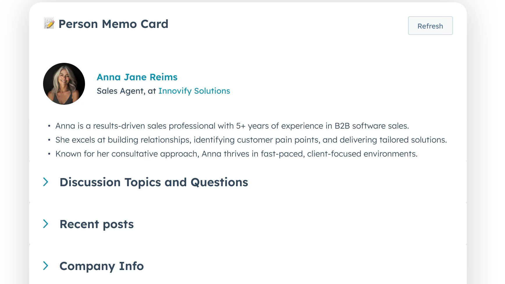 Contact profile memo displaying key insights and data